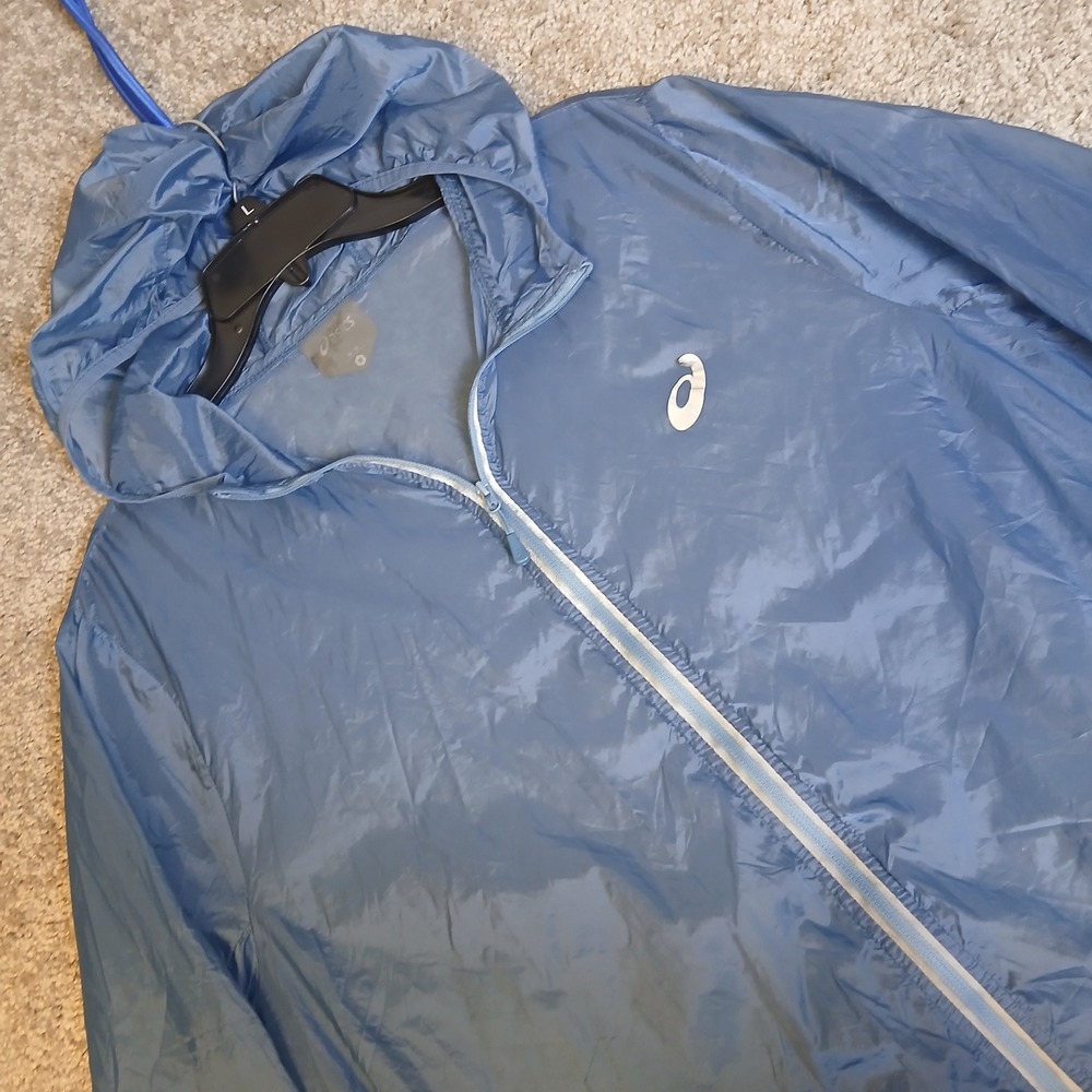 Asics Mens Blue Hooded Lightweight Windbreaker Full Zip Jacket Size M